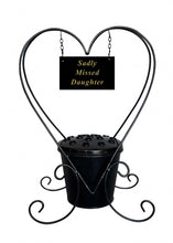 Load image into Gallery viewer, Black Heart Metal Memorial Planter with Flower Insert Pot and Name Plaque.