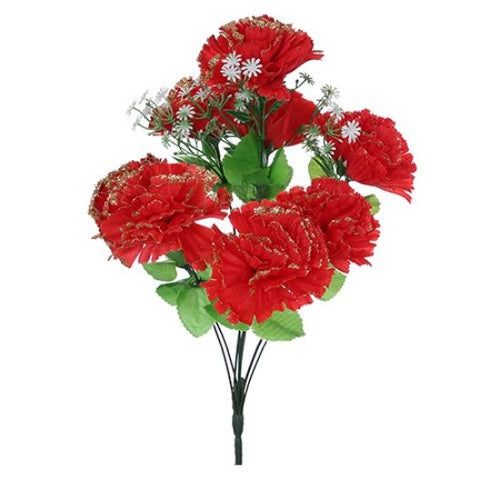 30cm Red Carnation Bush with Gold Glitter (8 Heads)  - Christmas Artificial Xmas Flower