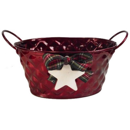 20cm Metal Oval Planter with Star and Tartan Ribbon - Merry Christmas