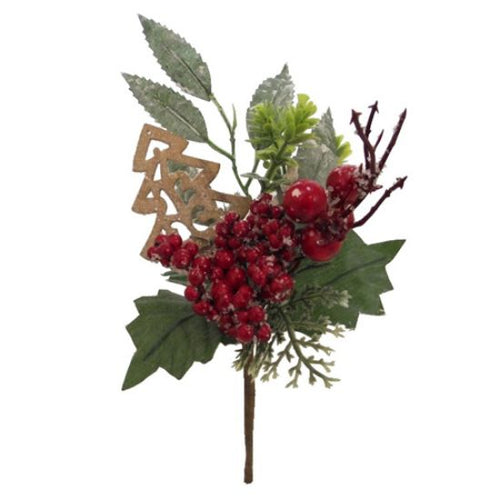 21cm Xmas Pick With Berries Foliage and Wooden Christmas Tree