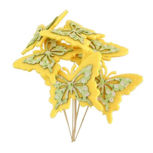 6 x 50cm Yellow Felt Butterfly with spring Bouquet Pick - Decoration Floral