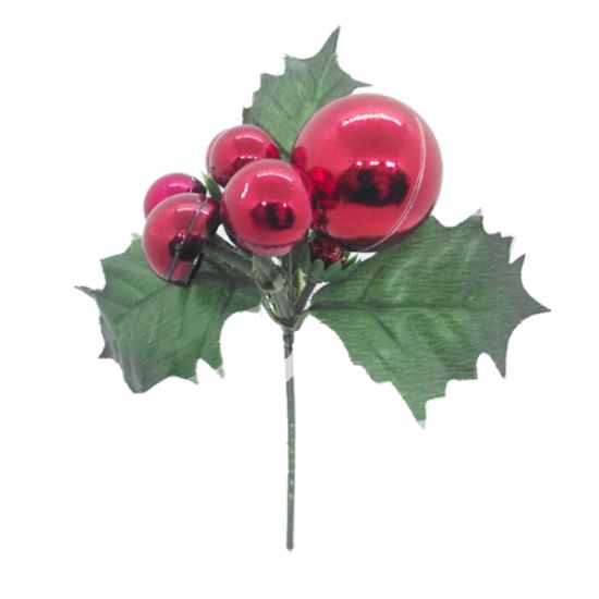 Red Bauble Pick with Greenery - Christmas Artificial