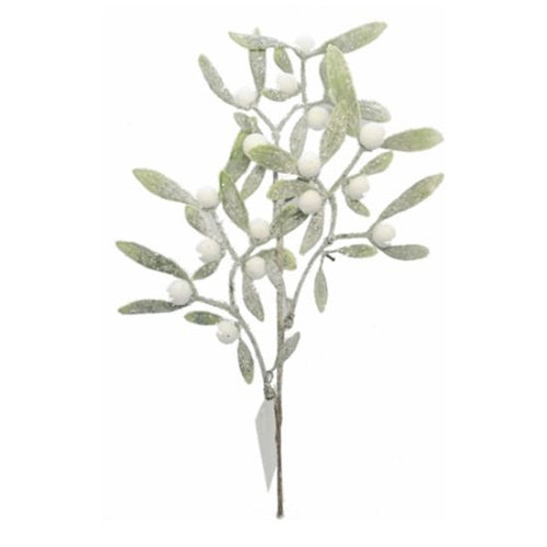 72cm Glittered Mistletoe Spray Single Stem - Christmas Artificial White Green