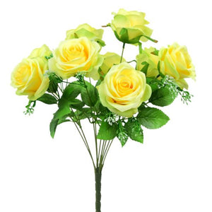 42cm Large Rosebud Bunch Bush Lemon Yellow with Foliage