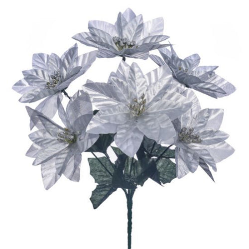 34cm Metallic Silver Poinsettia Bush 7 Heads