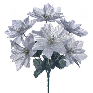 34cm Metallic Silver Poinsettia Bush 7 Heads