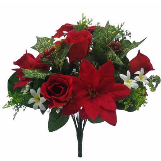 38cm Large Red Poinsettia Rosebud and Holly Mixed Bush - Artificial Christmas Xmas