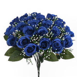 40cm - 24 Heads - Royal Blue Rose Bud Bunch with Gyp