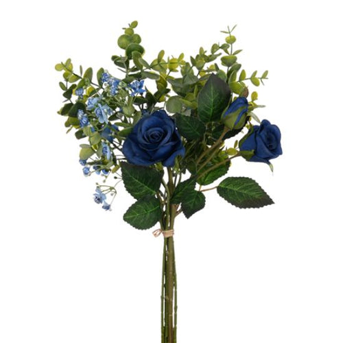 33cm Royal Blue Rose and Foliage Bunch