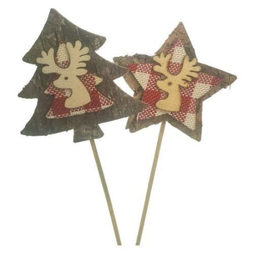 Pack of 6 x 8.5cm Wooden Star and Tree Reindeer Picks - Assorted