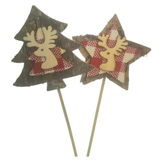 Pack of 6 x 8.5cm Wooden Star and Tree Reindeer Picks - Assorted