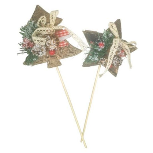 Pack of 6 x 8.5cm Wooden Star and Tree Picks - Assorted