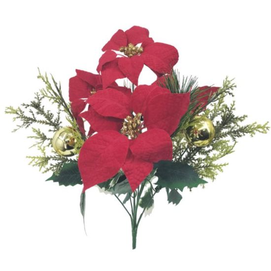 41cm Red Poinsettia and Gold Bauble Bush - Artificial Christmas Xmas