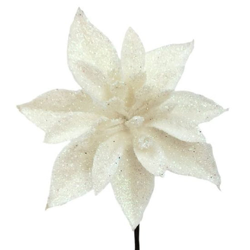48 x 12cm White Single Glittered Poinsettia Picks - FULL BOX