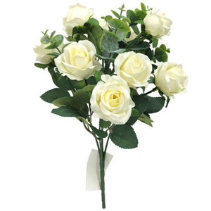 30cm Ivory Mini Rose Bush with Eucalyptus - 10 Heads - Artificial Flower