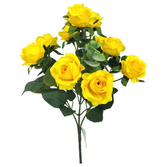 30cm Yellow Mini Rose Bush with Eucalyptus - 10 Heads - Artificial Flower