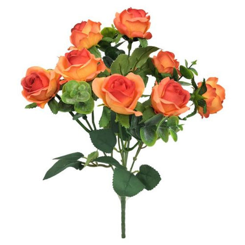 30cm Orange Mini Rose Bush with Eucalyptus - 10 Heads - Artificial Flower