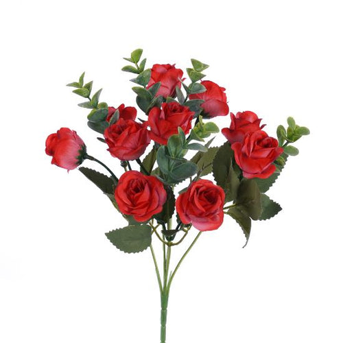 36 X 28cm Red Mini Rosebud Bush with Eucalyptus - FULL BOX