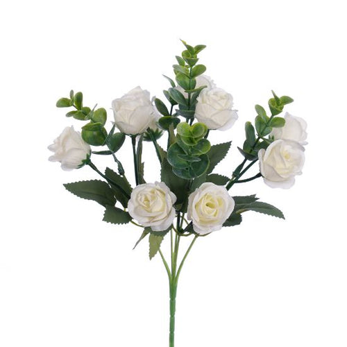 28cm Ivory Mini Rosebud Bush with Eucalyptus - Artificial Flower