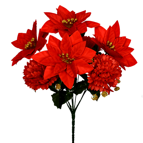 30cm Red/Gold Poinsettia and Chrysanthemum Bush - Christmas Artificial Xmas Flower