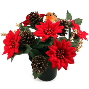 27cm Robin with Red Poinsettia and Cones - Christmas Memorial Grave Pot