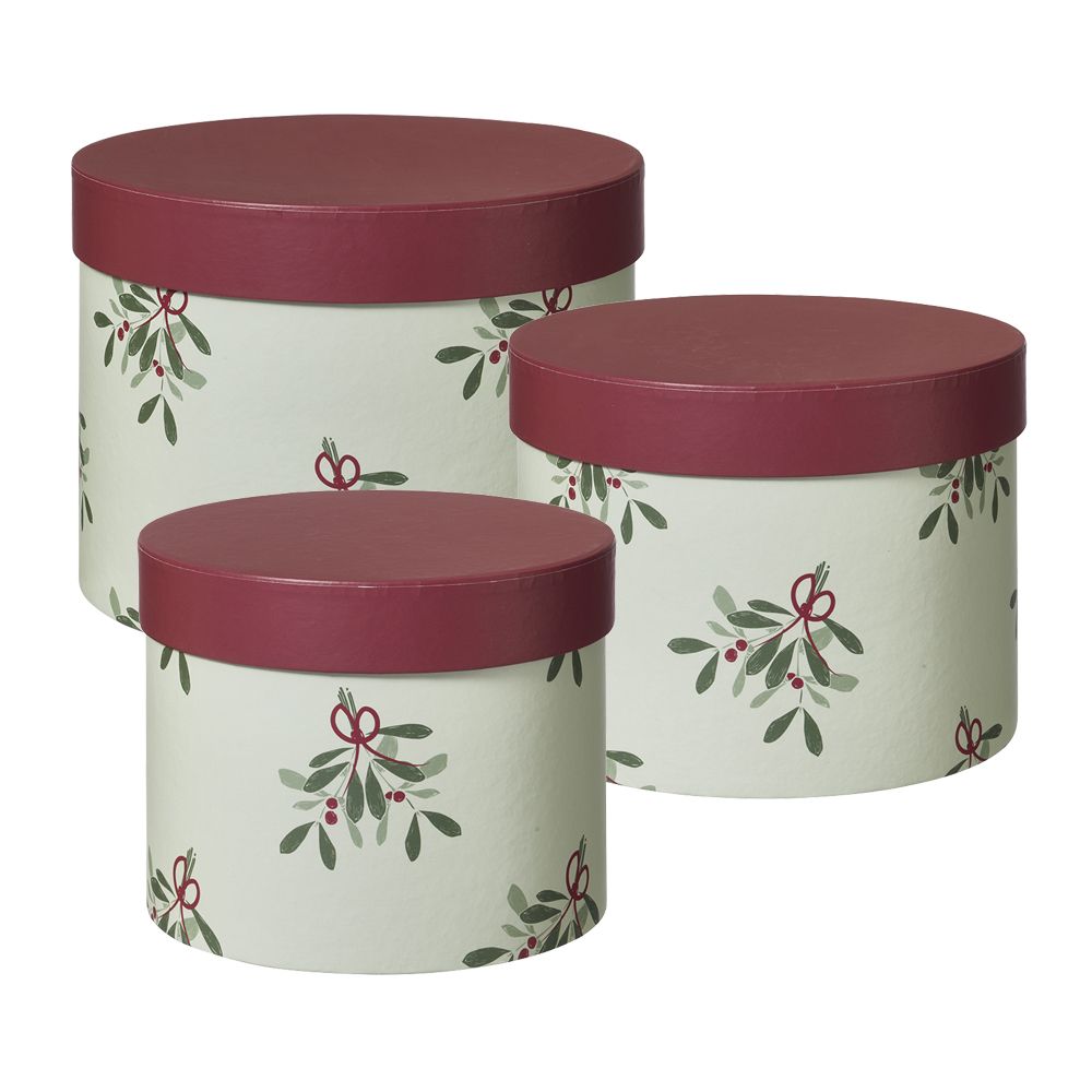 Set of 3 - Recyclable Oasis Mistletoe White and Burgundy Lined Christmas Hat Boxes