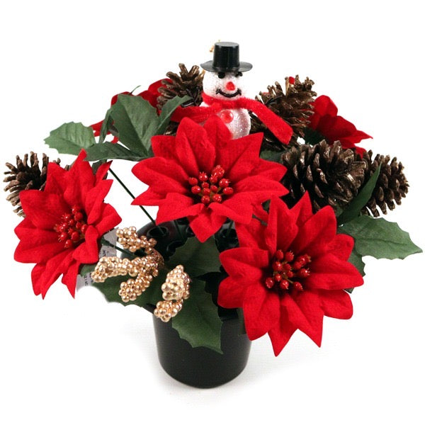 27cm Snowman with Red Poinsettia and Cones - Christmas Memorial Grave Pot