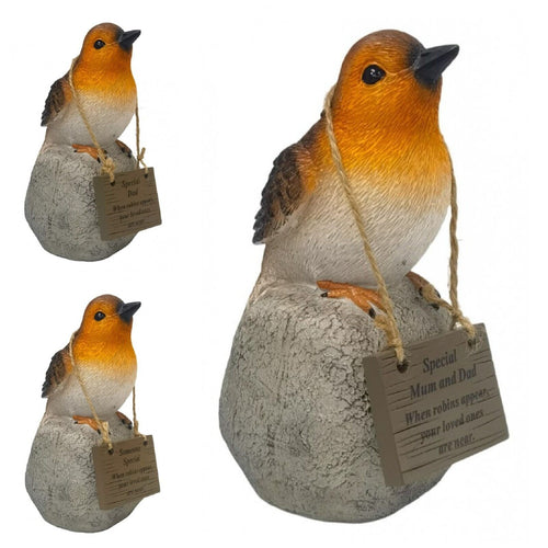 Memorial Robin on a Rock with Hanging Plaque - Tribute Christmas Verse Graveside