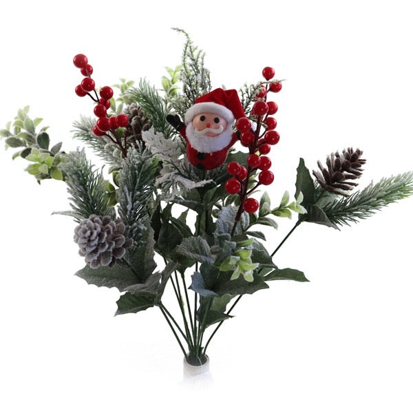 55cm Greenery Bush with Santa, Cones and Berries  - Christmas Xmas Artificial Greenery