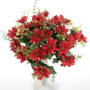 Large Red Glittered Poinsettia Bunch with Eucalyptus - Christmas Artificial Xmas