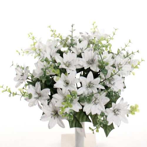 Large White Glittered Poinsettia Bunch with Eucalyptus - Christmas Artificial Xmas