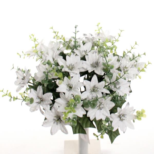 Large White Glittered Poinsettia Bunch with Eucalyptus - Christmas Artificial Xmas