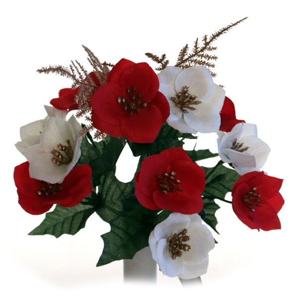 28cm Red, Ivory & Gold Christmas Rose and fern Bush Bunch - Christmas Xmas Artificial Greenery