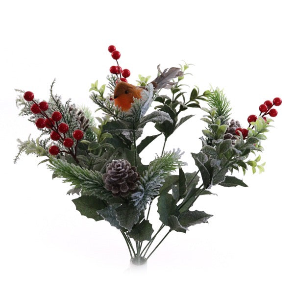 55cm Greenery Bush with Robin, Cones and Berries  - Christmas Xmas Artificial Greenery