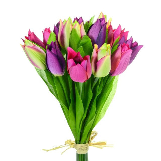 28cm Large Mixed Purple/Pink Tulip Bundle - 15 Stems - Artificial Spring Bunch