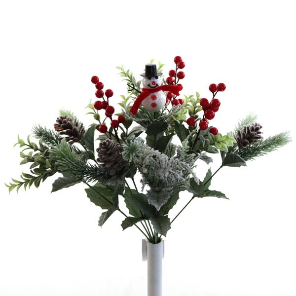 55cm Greenery Bush with Snowman, Cones and Berries  - Christmas Xmas Artificial Greenery