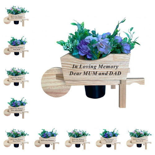 Wooden Memorial Wheelbarrow with Flower Insert - Graveside Plaque