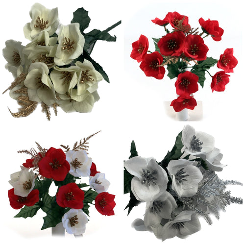 48 x 28cm Christmas Rose and Fern Bunch - Red Ivory White Mixed - FULL BOX