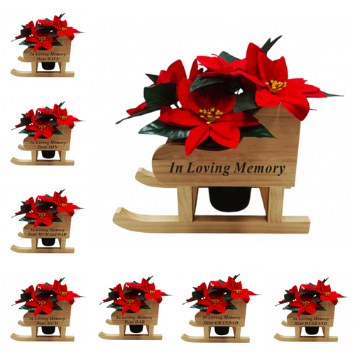 Christmas Memorial Wooden Sleigh with Red Poinsettia Grave Pot Included
