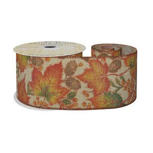 63mm x 10y Natural Ribbon with Autumn Leaf & Acorn