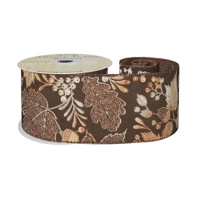 63mm x 10y Natural Ribbon with Metallic Copper Autumn Leaf