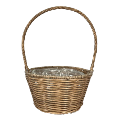 23cm Brown Round Planting Basket Plastic Lined with Handle