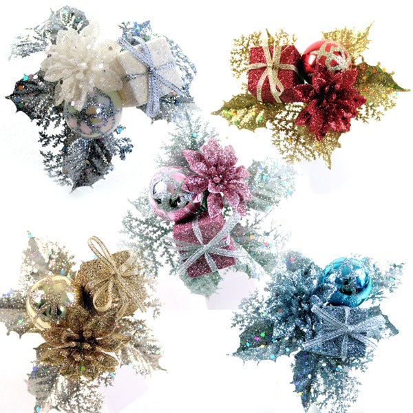 20cm Glittered Present Ball Poinsettia Pick - Christmas Xmas