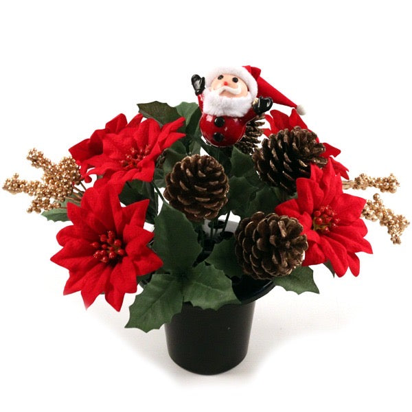 27cm Santa with Red Poinsettia and Cones - Christmas Memorial Grave Pot