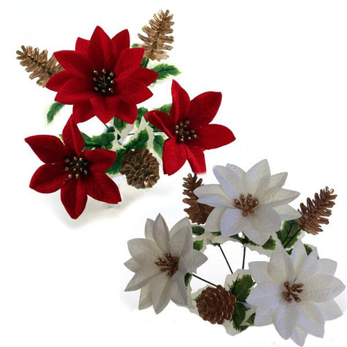 48 x 31cm Velvet Poinsettia and Cone Bunch - Red Ivory - FULL BOX
