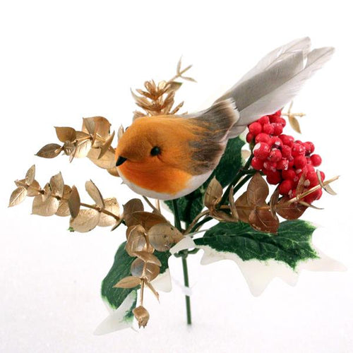 18cm Robin Pick with Gold Eucalyptus Cone and Berries
