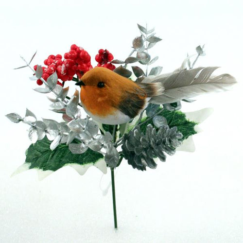 18cm Robin Pick with Silver Eucalyptus Cone and Berries