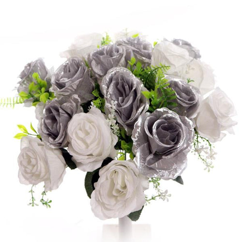 40cm Large White /Silver Rosebud Bunch - 18 Heads