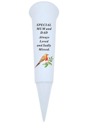 Mum and Dad Memorial White Plastic Robin Flower Grave Vase Spike - Remembrance Tribute