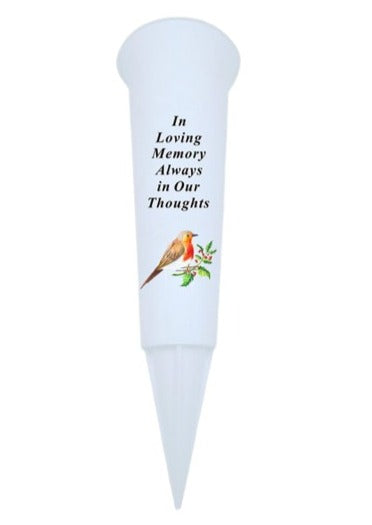 Always In Our Thoughts - Memorial White Plastic Robin Flower Grave Vase Spike - Remembrance Tribute